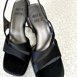 Mootsies Tootsies Black Satin Sandals with Diagonal Straps; 3 1/2 in heels